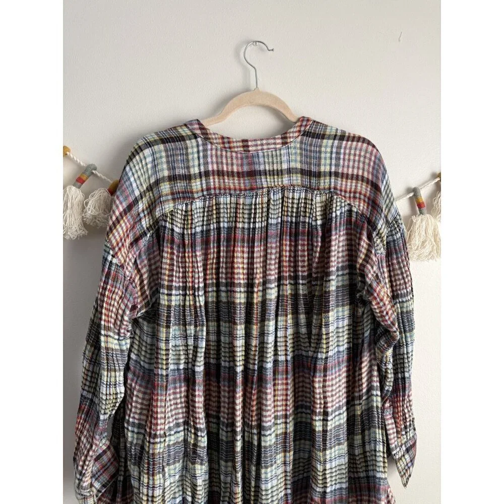 Free People Come On Over Multicolor Plaid Pleated Flowy Oversized Top Boho S